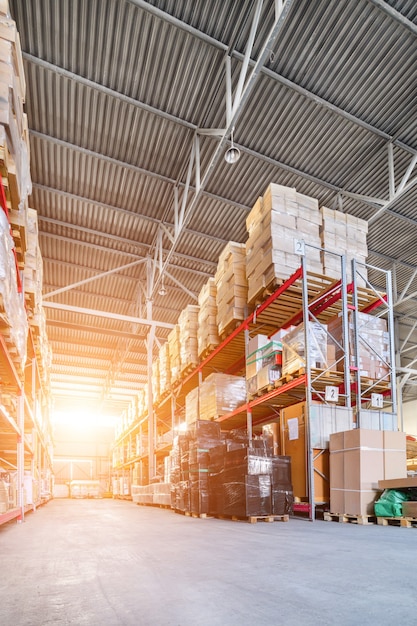 large industrial warehouse long shelves with variety boxes containers - MN pallets now